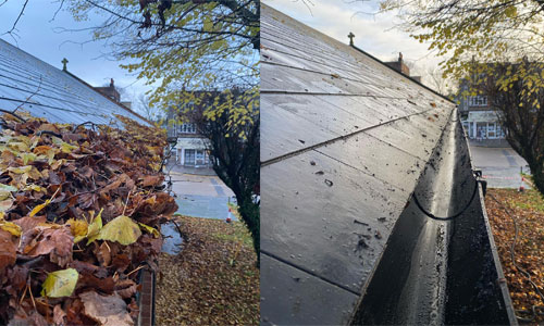 blocked-gutters Blocked gutter filled with leaves and moss before cleaning