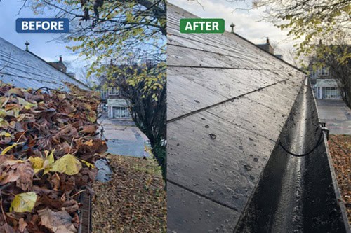 gutter-cleaning-before-after-30 Blocked gutter filled with leaves and moss before cleaning